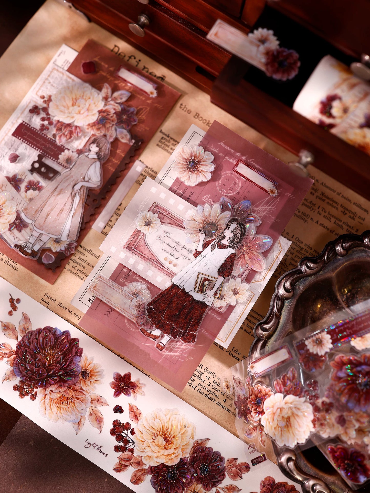 XiaoBaiJia【Peony Shadow Flower Description】Pre-cut Floral Orginal Design Washi Pet Tape Light Retro Stickers
