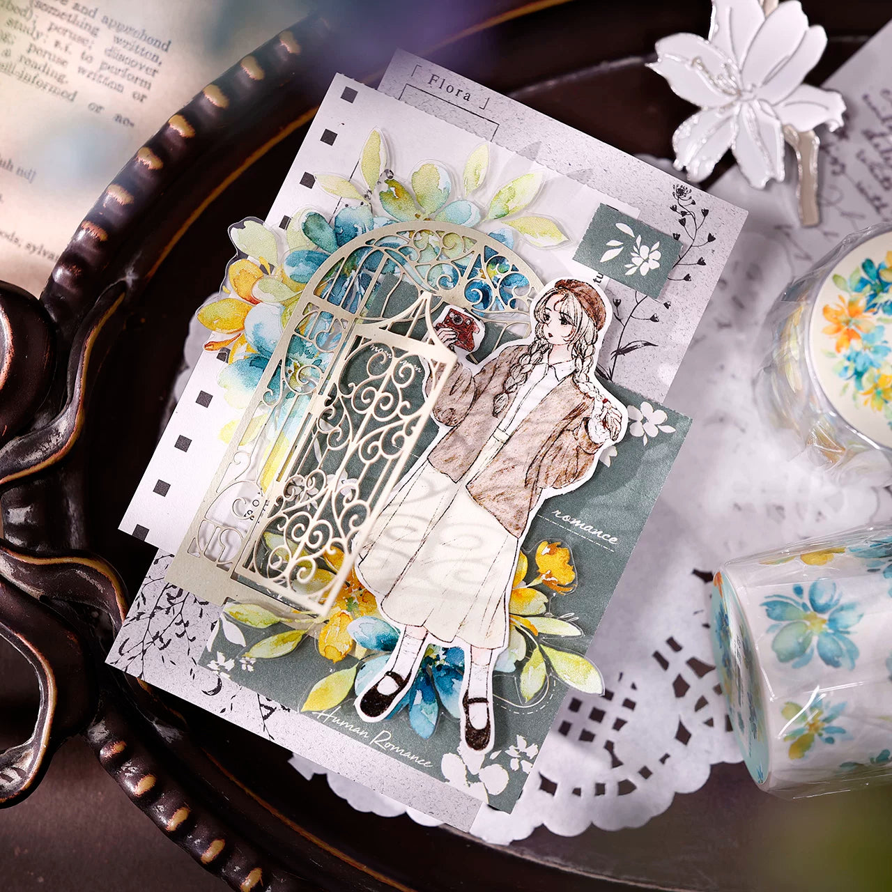 XiaoBaiJia【Picking Up Blue】Pre-cut Floral Orginal Design Washi Pet Tape Light Retro Stickers