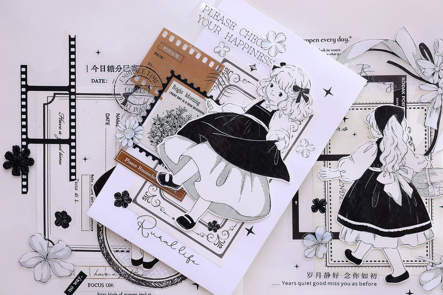 XiaoBaiJia【Small Countryside】Light Retro Black and White Characters Orginal Design Washi Pet Tape Stickers