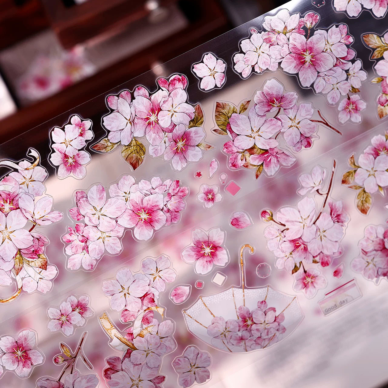 XiaoBaiJia【Pink Cherry Blossoms】Orginal Design Floral Washi Pet Tape Light Retro Landscaping Stickers