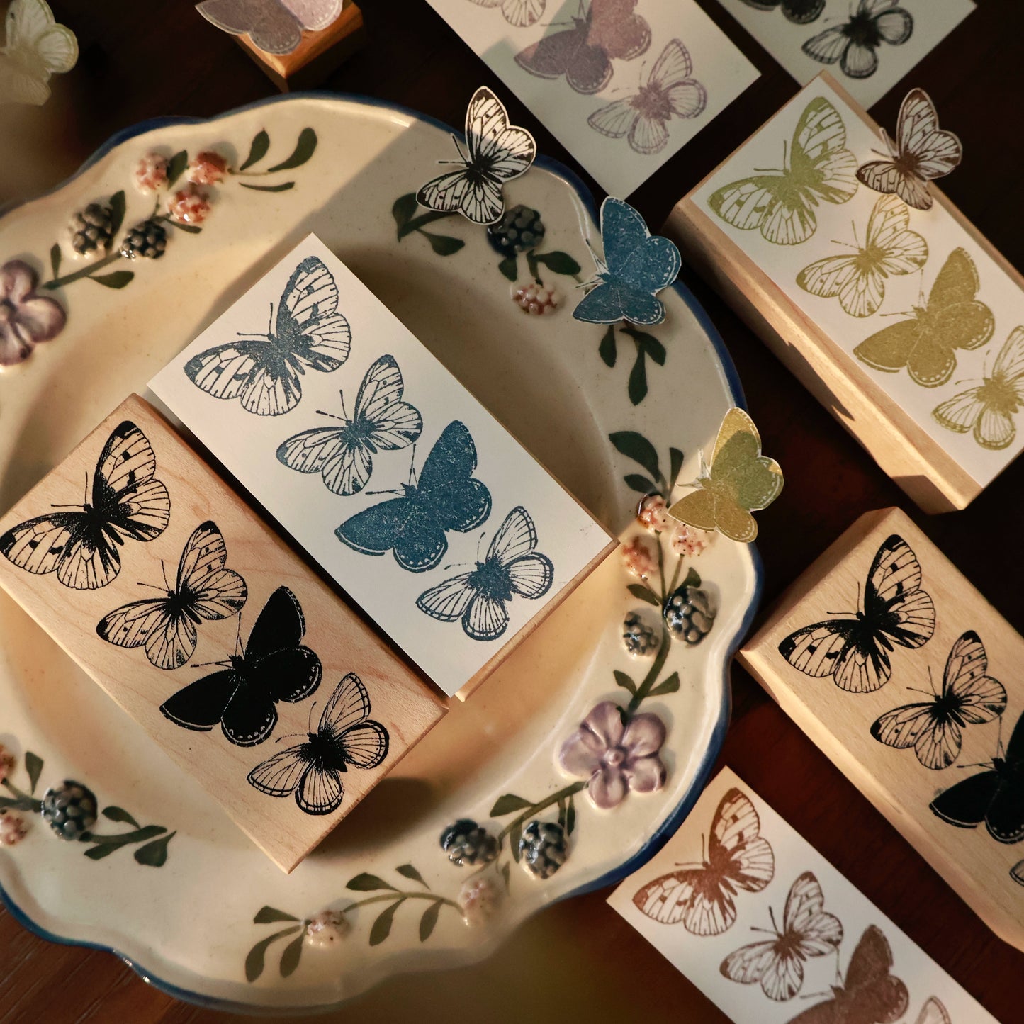 YiEr Vol15【Ink Colored Butterfly】Imported Maple Red Rubber and Maple Wood Stamp