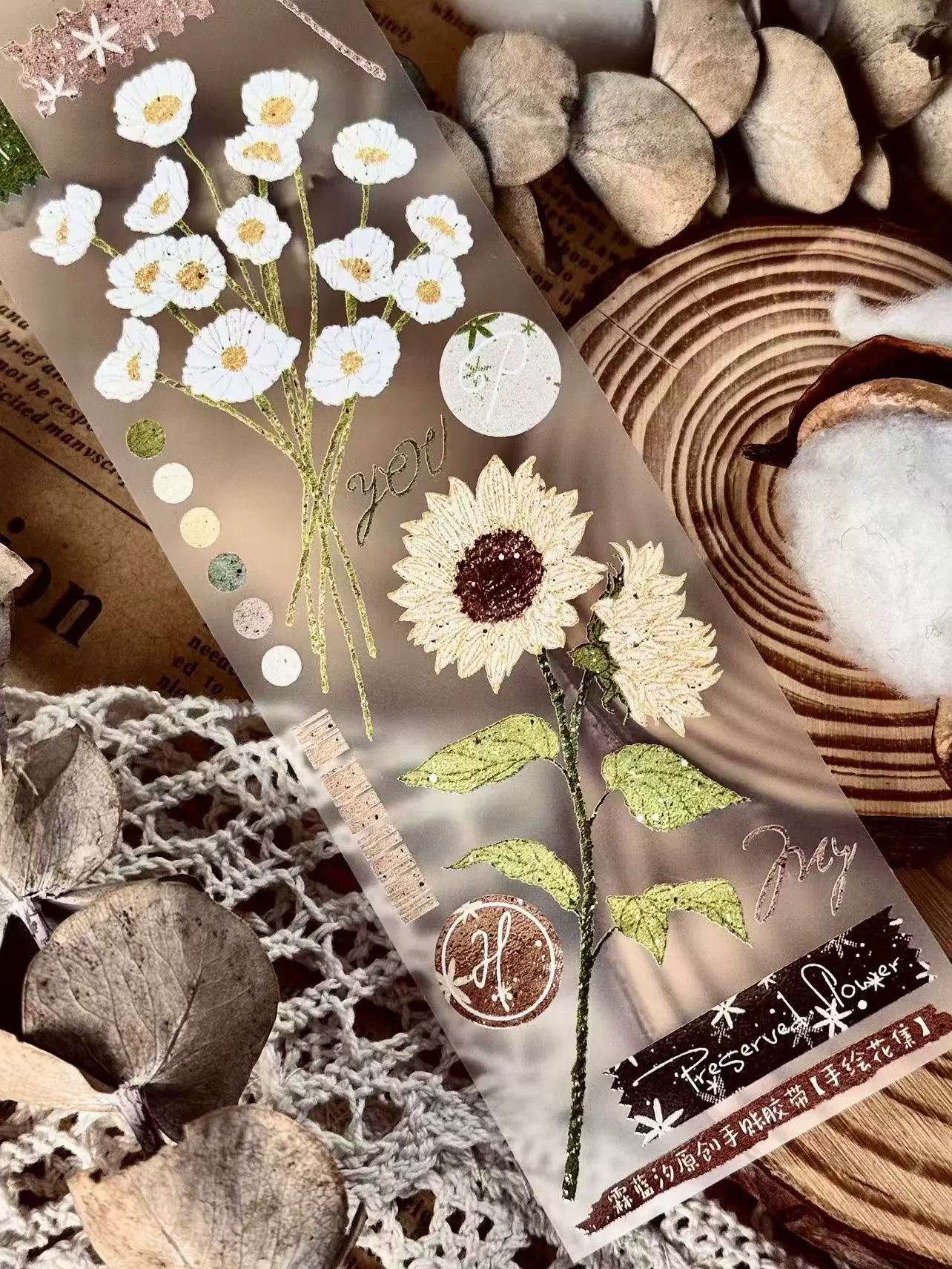 Linlanxi【Hand drawn Flower Collection】 Original New Product Light Retro Bouquet Washi/Pet Tape Long Loop Whole Roll