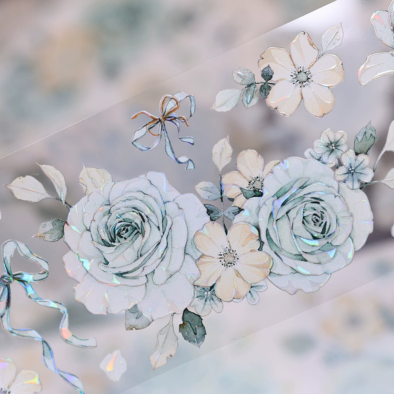 XiaoBaiJia【Clear Sky/Morning Mist】Light Retro Mint Green Flower Orginal Design Washi Pet Floral Tape Landscaping Stickers
