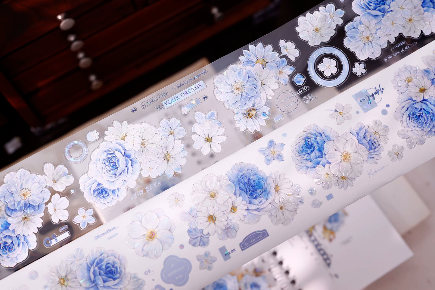 XiaoBaiJia【Light Blue Floral Trace】Orginal Design Floral Washi Pet Tape Light Retro Landscaping Stickers
