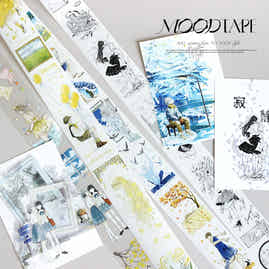 Moodtape【Pure Grid Pattern&Wind Blows Thoughts&Blue Seasons&Bright Sunshine】Cute Character Original Washi Tape Stickers,for Scrapbook Supplies,Scrapbook Tape Stickers,Junk Journal Supplies