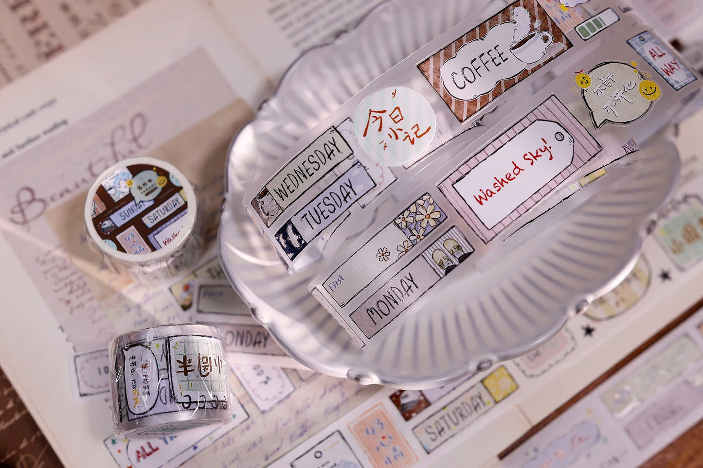 XiaoBaiJia Salt Series【Many Signs】Pre-cut Orginal Design Handwritten Chinese and English Word Borders Washi/Pet Tape Light Retro Stickers