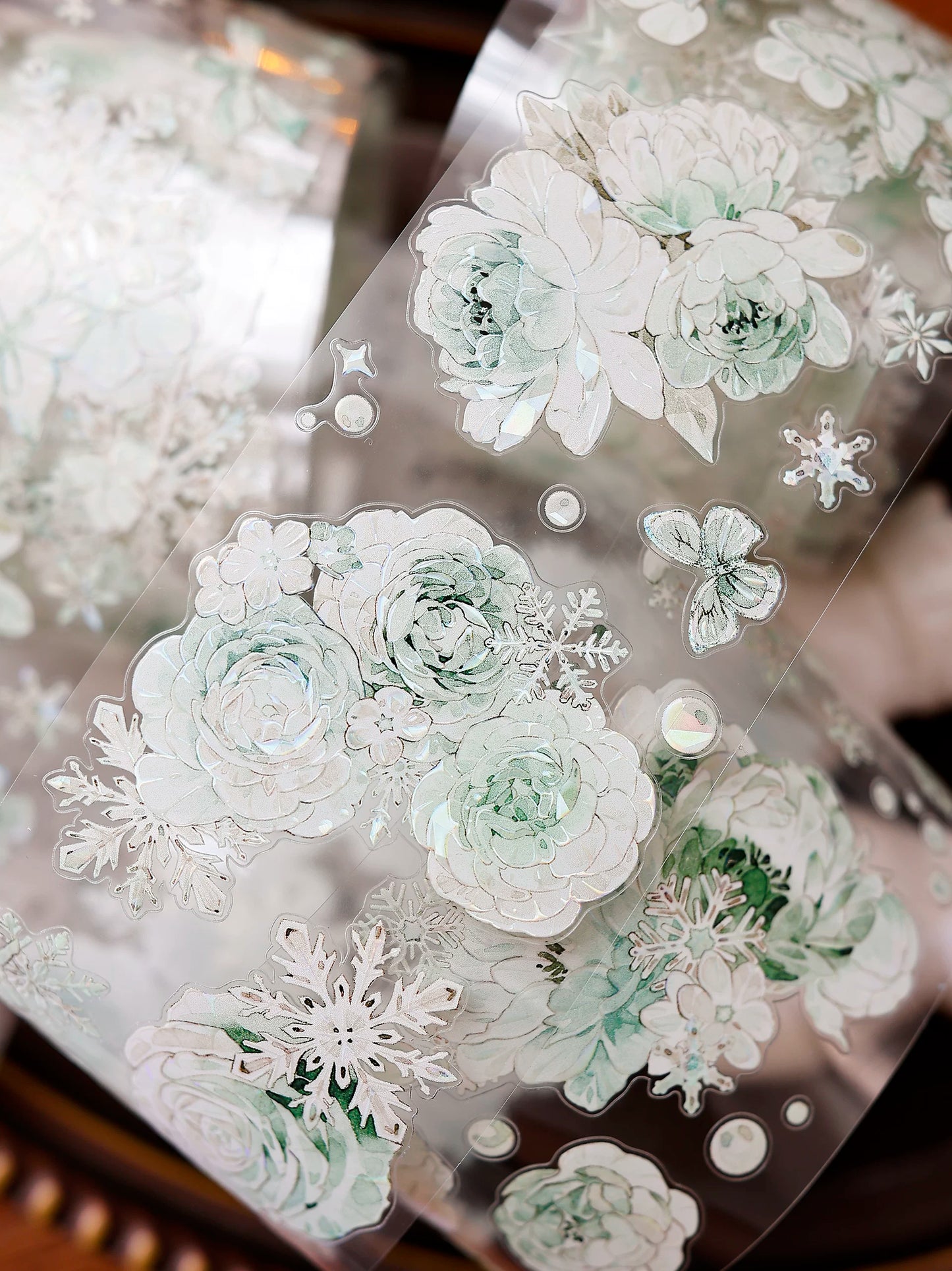 XiaoBaiJia Salt Series【Peppermint Ice】Pre-cut Orginal Design Light Retro Blue and Green Floral Pattern Washi/Pet Tape Light Retro Stickers