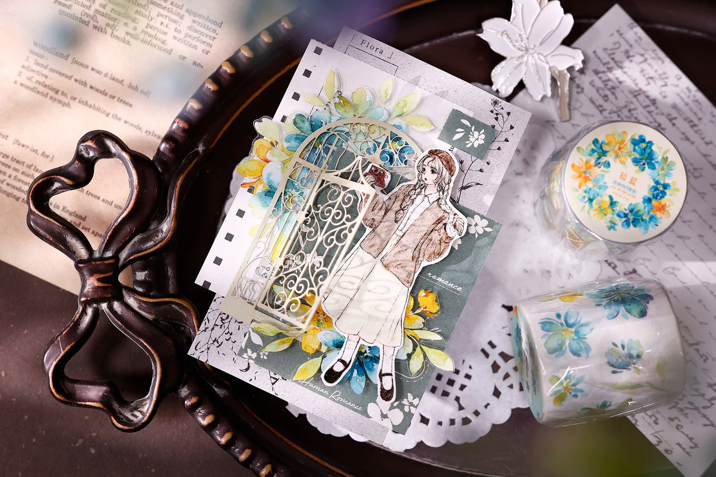 XiaoBaiJia【Picking Up Blue】Pre-cut Floral Orginal Design Washi Pet Tape Light Retro Stickers