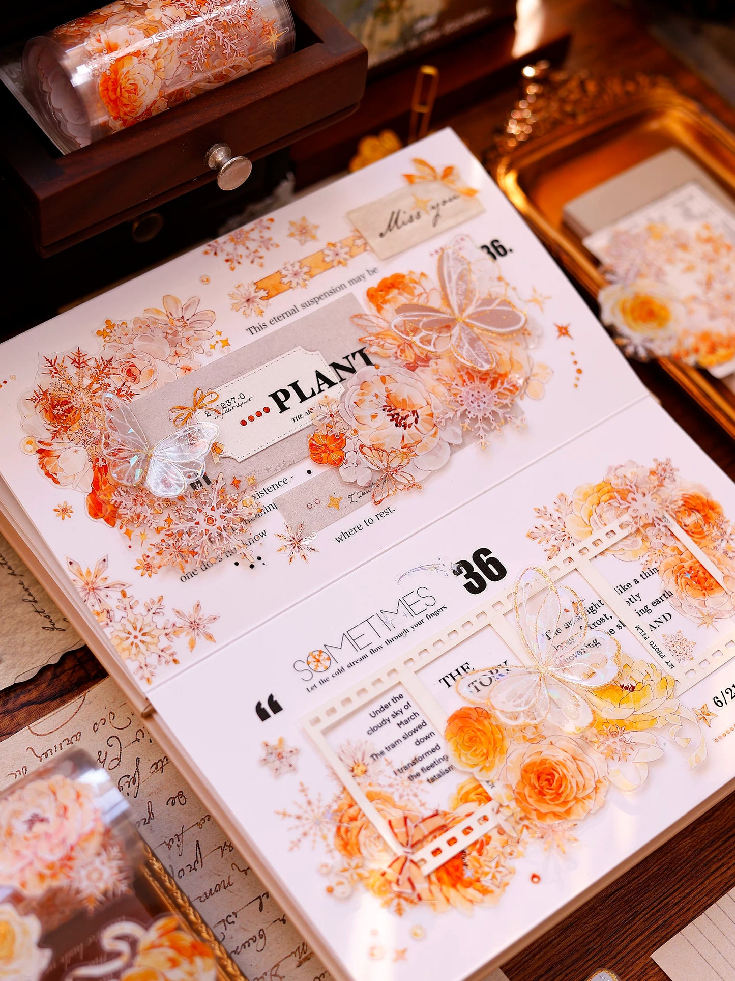 XiaoBaiJia Salt Series【Butterfly Feathers Chasing Light】Orginal Design Kiss-cut Washi/Pet Floral Tape Light Retro Landscaping Stickers