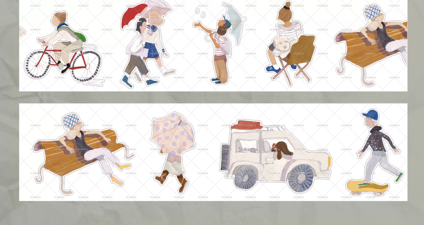 Moodtape【Walking and Drinking Coffee】Original Cute Character Washi Tape Street View Coffee Stickers