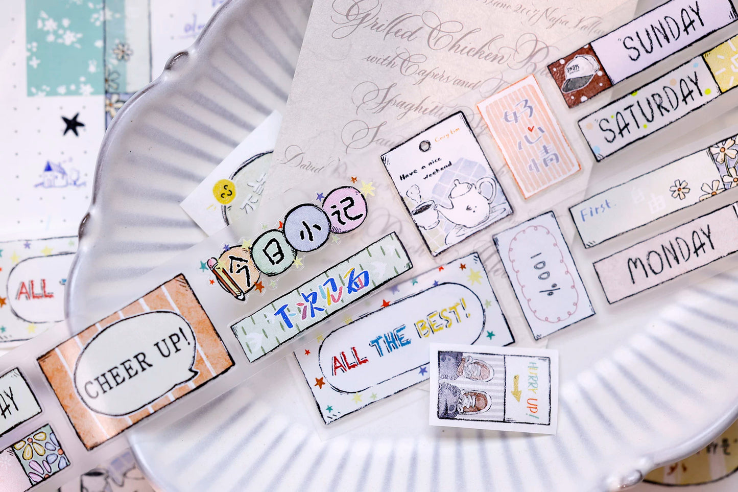 XiaoBaiJia Salt Series【Many Signs】Pre-cut Orginal Design Handwritten Chinese and English Word Borders Washi/Pet Tape Light Retro Stickers