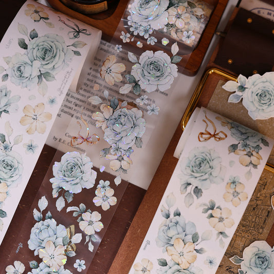 XiaoBaiJia【Clear Sky/Morning Mist】Light Retro Mint Green Flower Orginal Design Washi Pet Floral Tape Landscaping Stickers