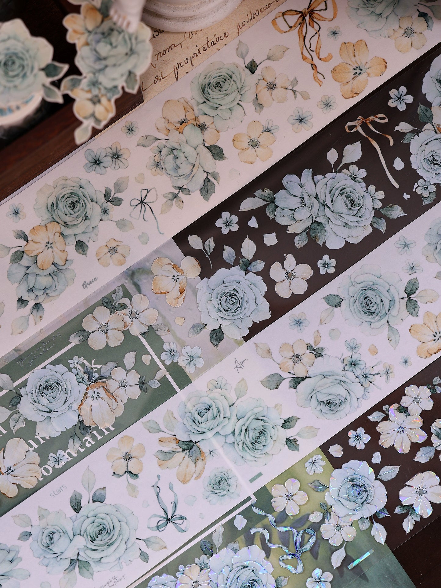 XiaoBaiJia【Clear Sky/Morning Mist】Light Retro Mint Green Flower Orginal Design Washi Pet Floral Tape Landscaping Stickers
