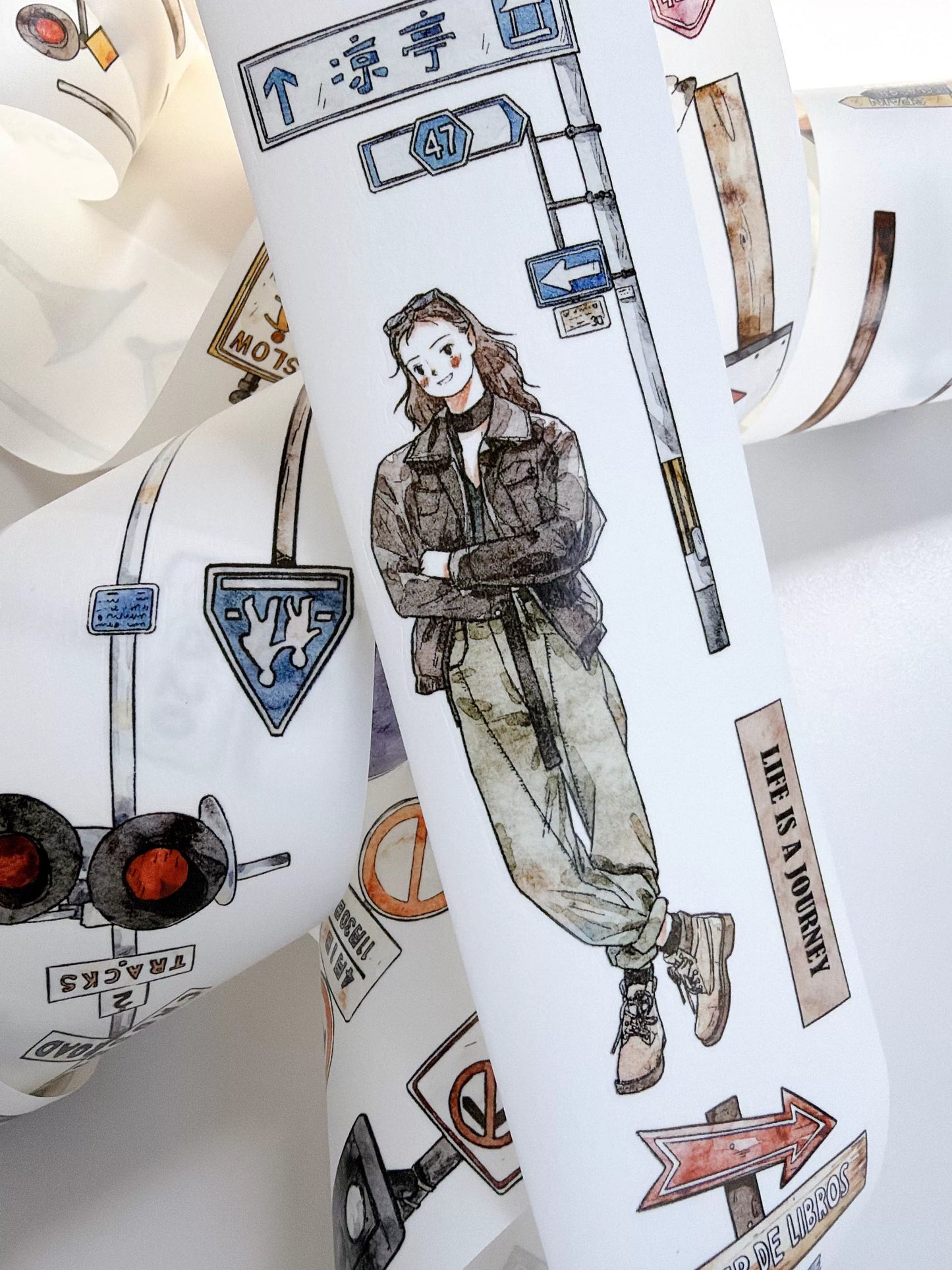 Kaixiaoxun Vol13【Road Sign】 Pre-Cut Long Loop Washi/Matte PET Tape for Scrapbook Supplies,Junk Journal Supplies