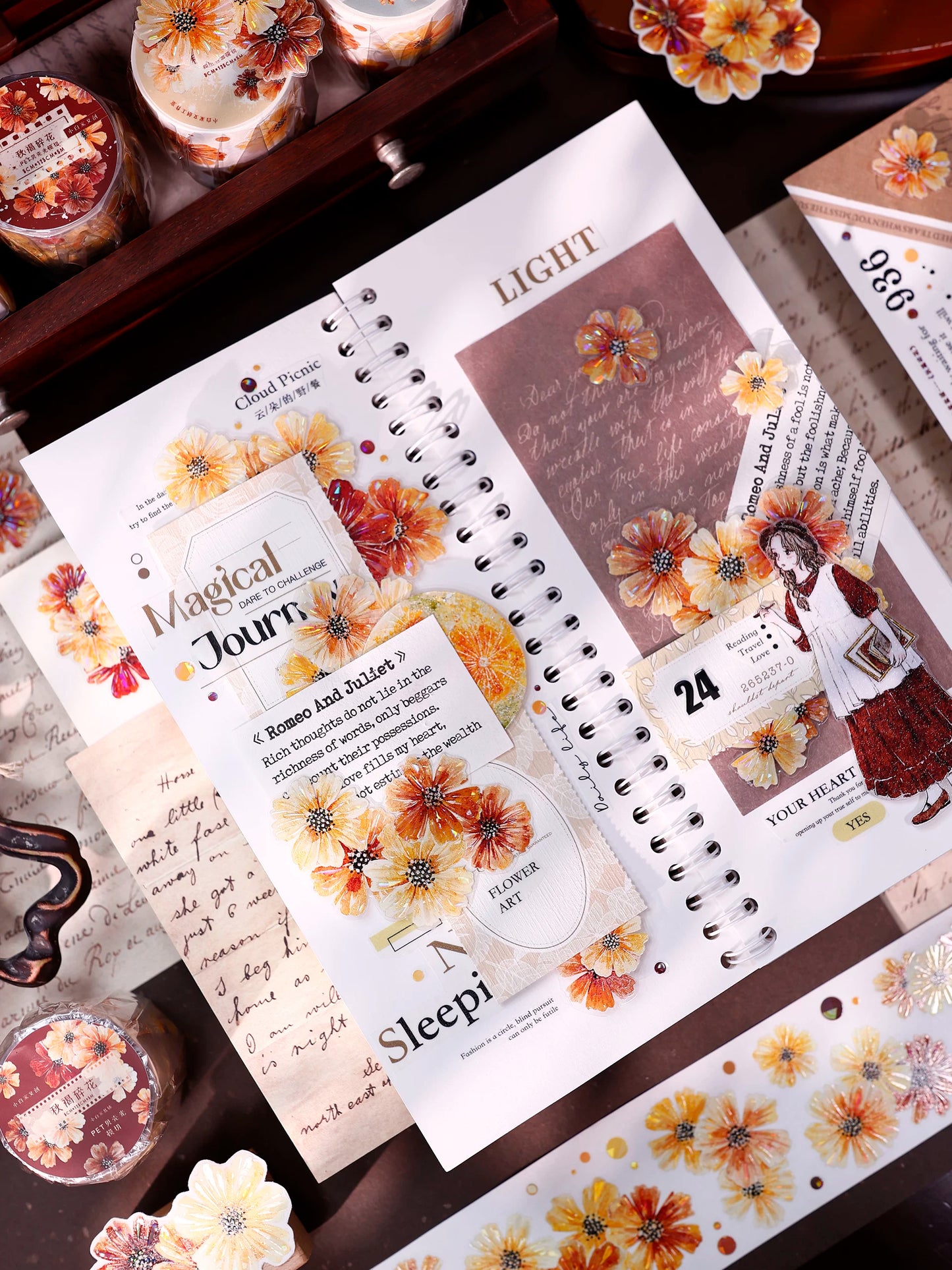 XiaoBaiJia【Autumn Brown Fragrant Flowers】Orginal Design Washi Pet Floral Tape Light Retro Landscaping Stickers