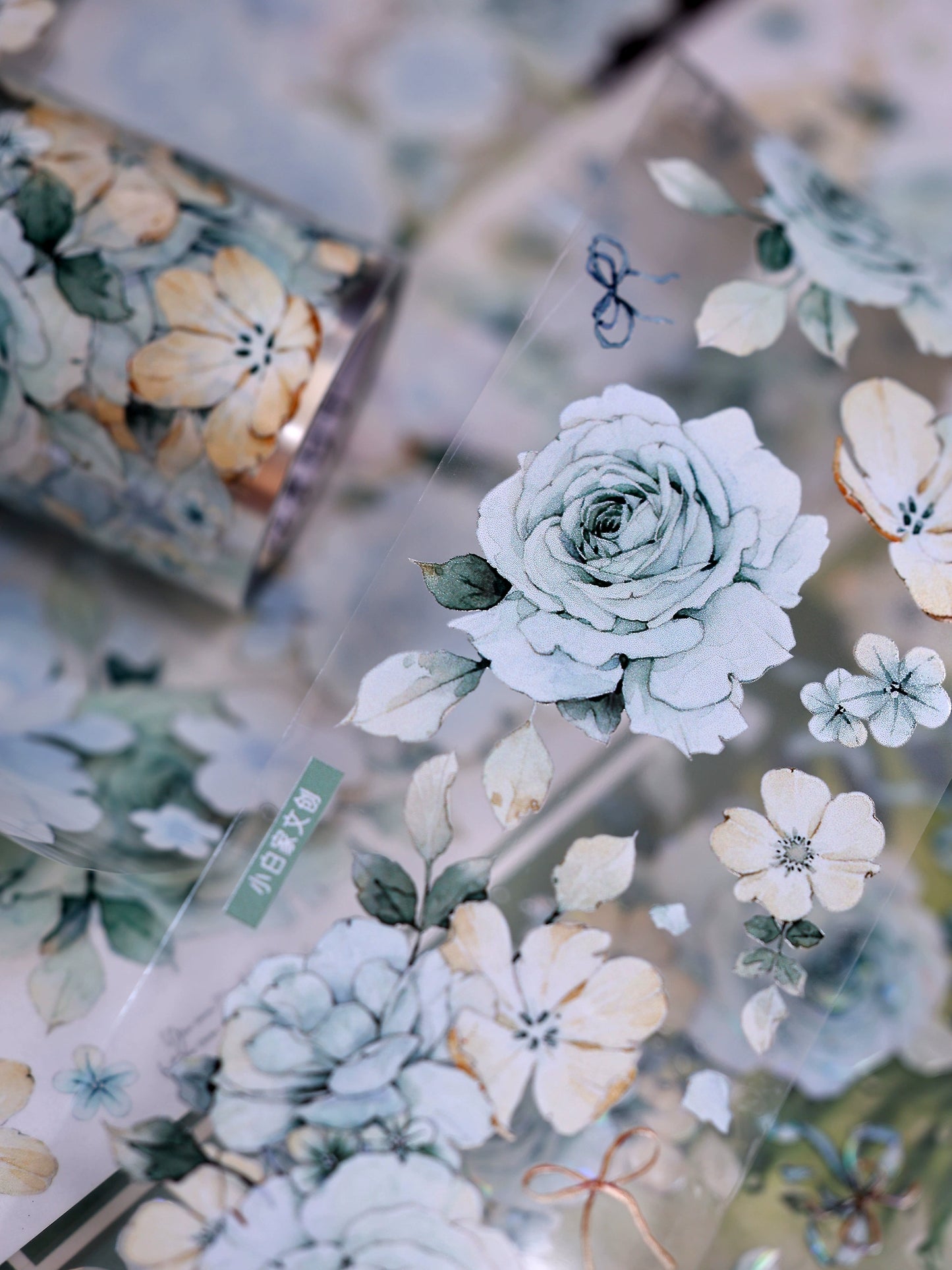 XiaoBaiJia【Clear Sky/Morning Mist】Light Retro Mint Green Flower Orginal Design Washi Pet Floral Tape Landscaping Stickers