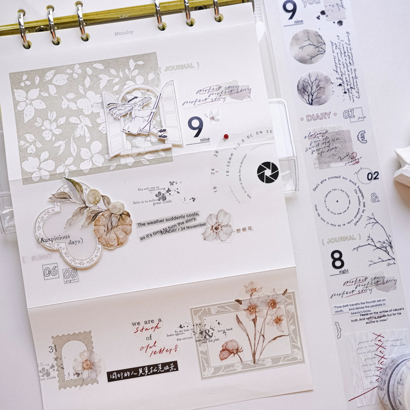 YuanZi Vol7【Sepia Letters】Orginal Design Washi/Pet English Text Tape Light Retro Stickers,for Scrapbook Supplies,Scrapbook Tape Stickers,Junk Journal Supplies