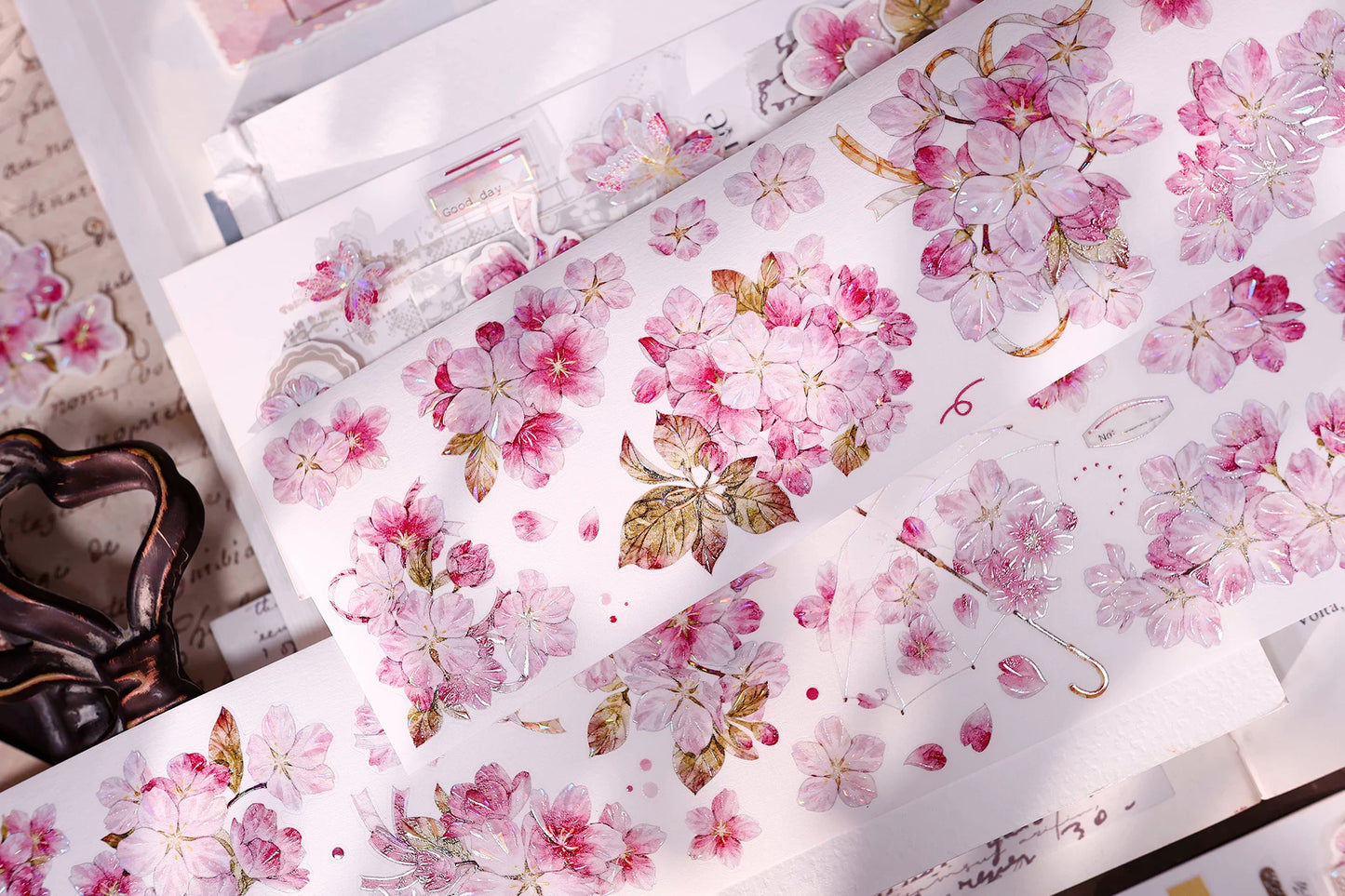 XiaoBaiJia【Pink Cherry Blossoms】Orginal Design Floral Washi Pet Tape Light Retro Landscaping Stickers