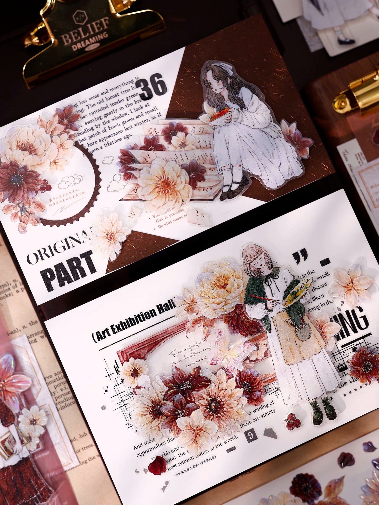 XiaoBaiJia【Peony Shadow Flower Description】Pre-cut Floral Orginal Design Washi Pet Tape Light Retro Stickers