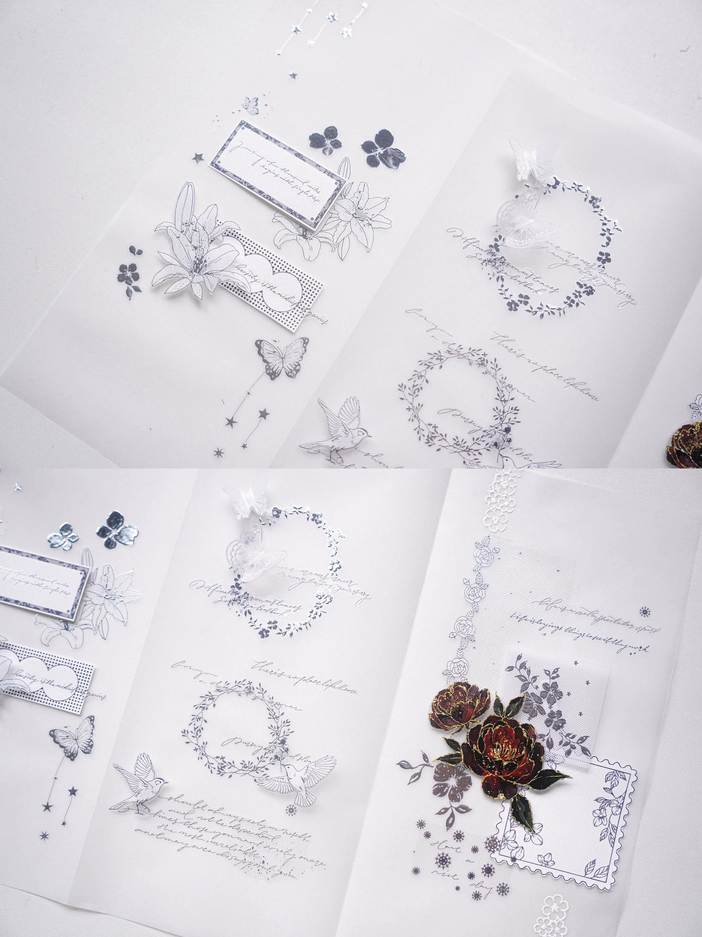 Yuanzi-Jennyuanzi【Licht Schatten】Vorgeschnittene Blumen Vogel Schmetterling Stern Kette Heißsilber Washi PET Tape