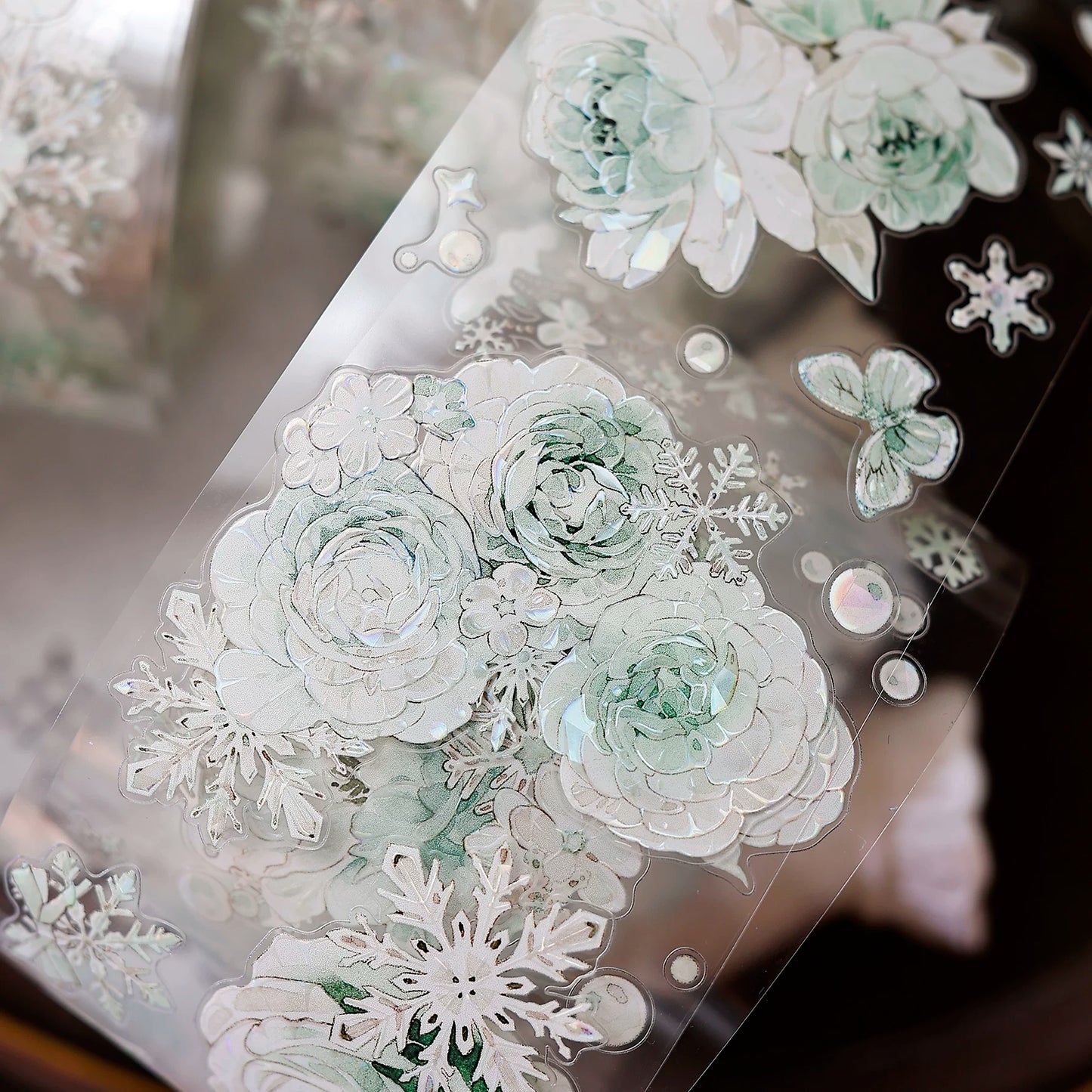XiaoBaiJia Salt Series【Peppermint Ice】Pre-cut Orginal Design Light Retro Blue and Green Floral Pattern Washi/Pet Tape Light Retro Stickers