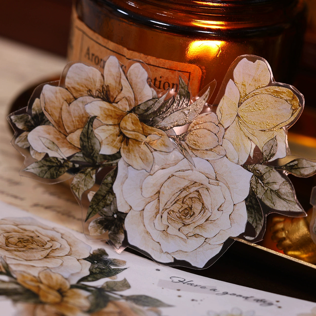 XiaoBaiJia【LanYan / Caramel Latte】Light Retro Flower Orginal Design Washi Pet Floral Tape Landscaping Stickers