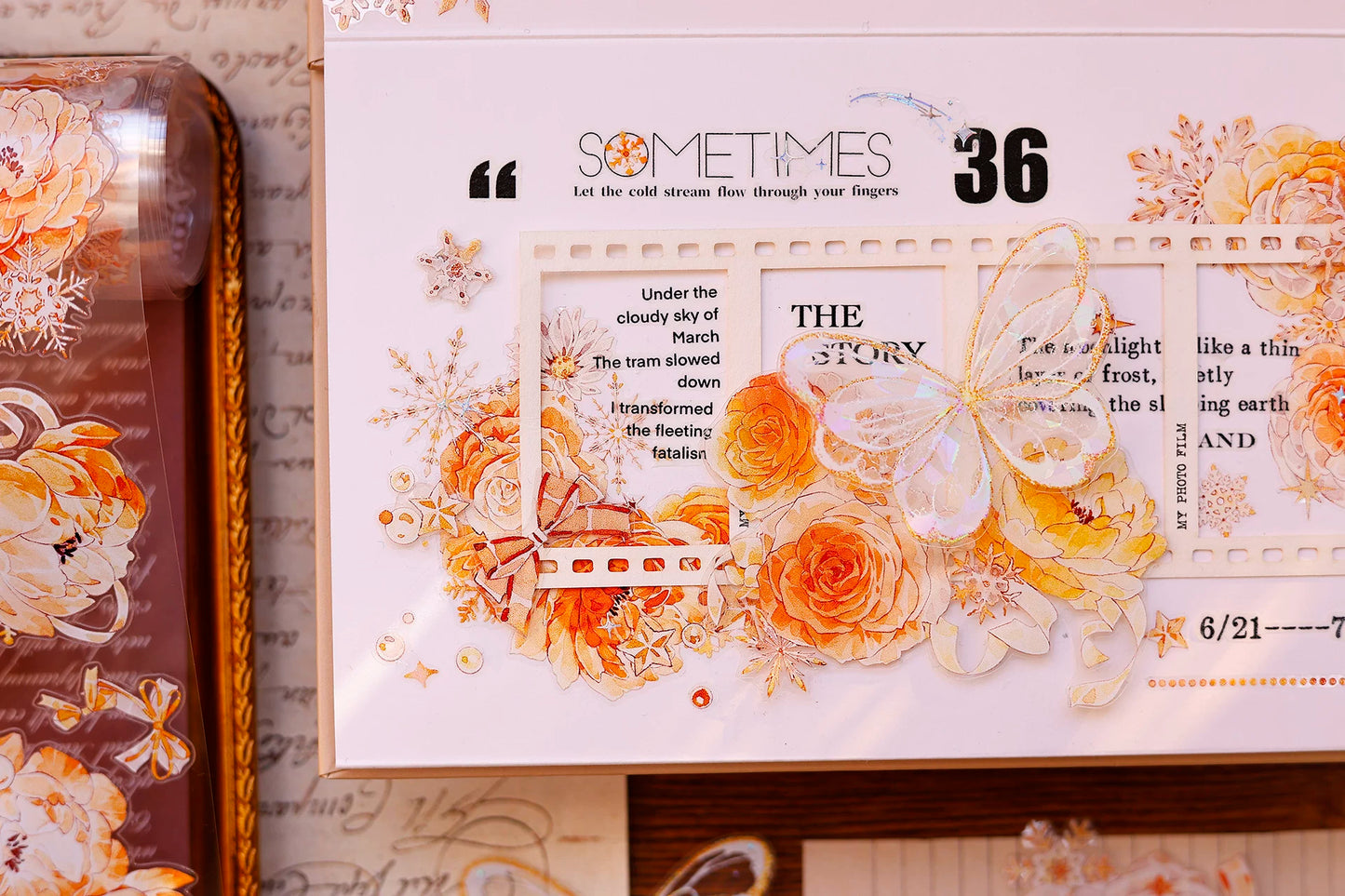 XiaoBaiJia Salt Series【Orange Light Orange Blossom】Orginal Design Kiss-cut Washi/Pet Floral Tape Light Retro Landscaping Stickers