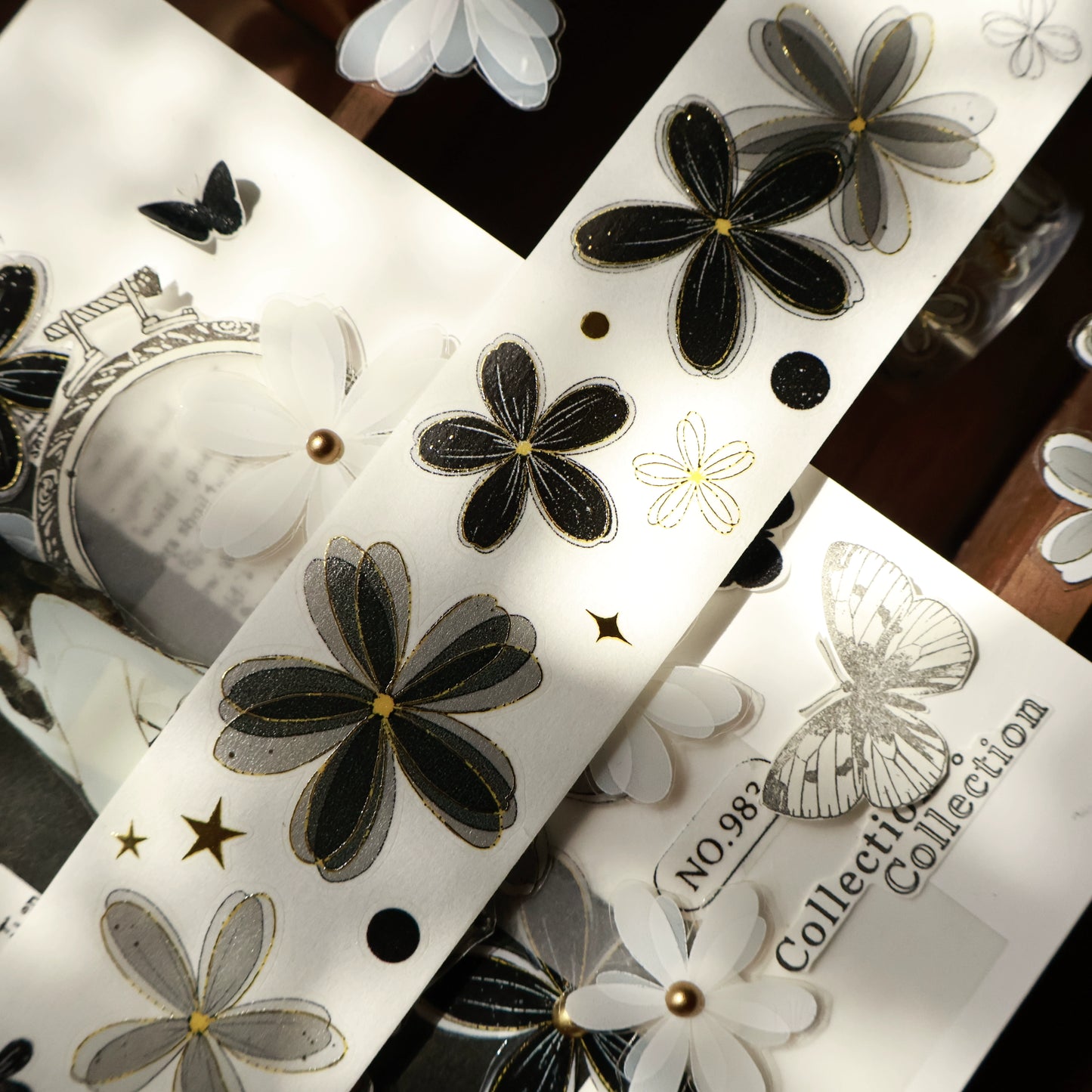 YiEr Vol15【Black and White Flowers】Orginal Design Pre-cut Washi/Pet Floral Tape Light Retro Landscaping Stickers