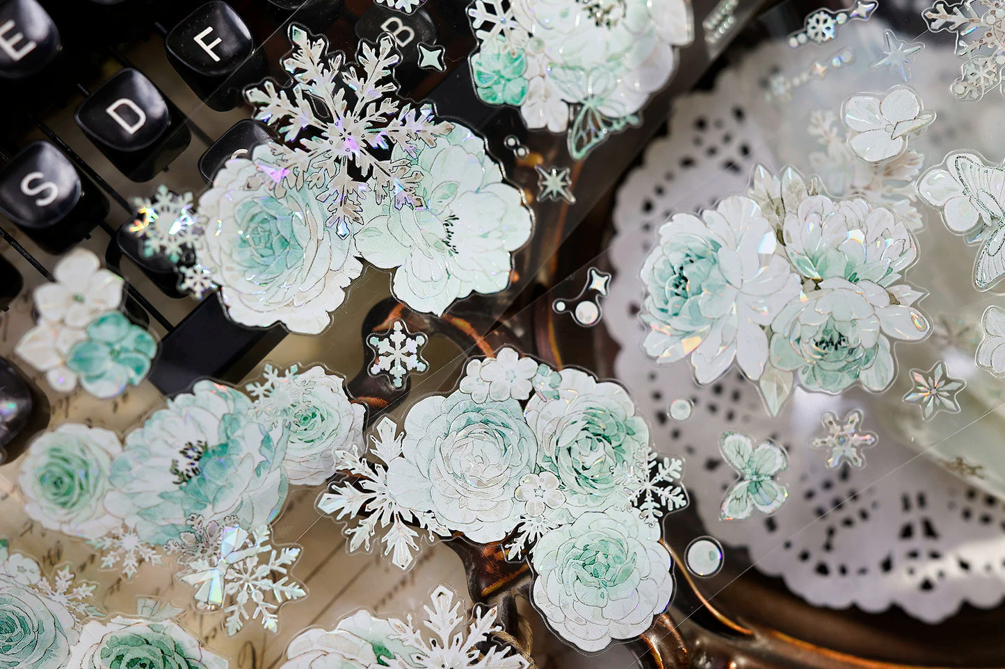 XiaoBaiJia Salt Series【Peppermint Ice】Pre-cut Orginal Design Light Retro Blue and Green Floral Pattern Washi/Pet Tape Light Retro Stickers