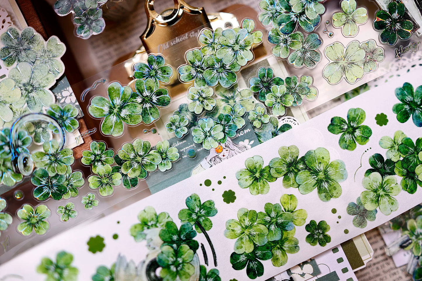 XiaoBaiJia【four-leaf clover】Orginal Design Kiss-cut Washi/Pet Floral Tape Light Retro Landscaping Stickers