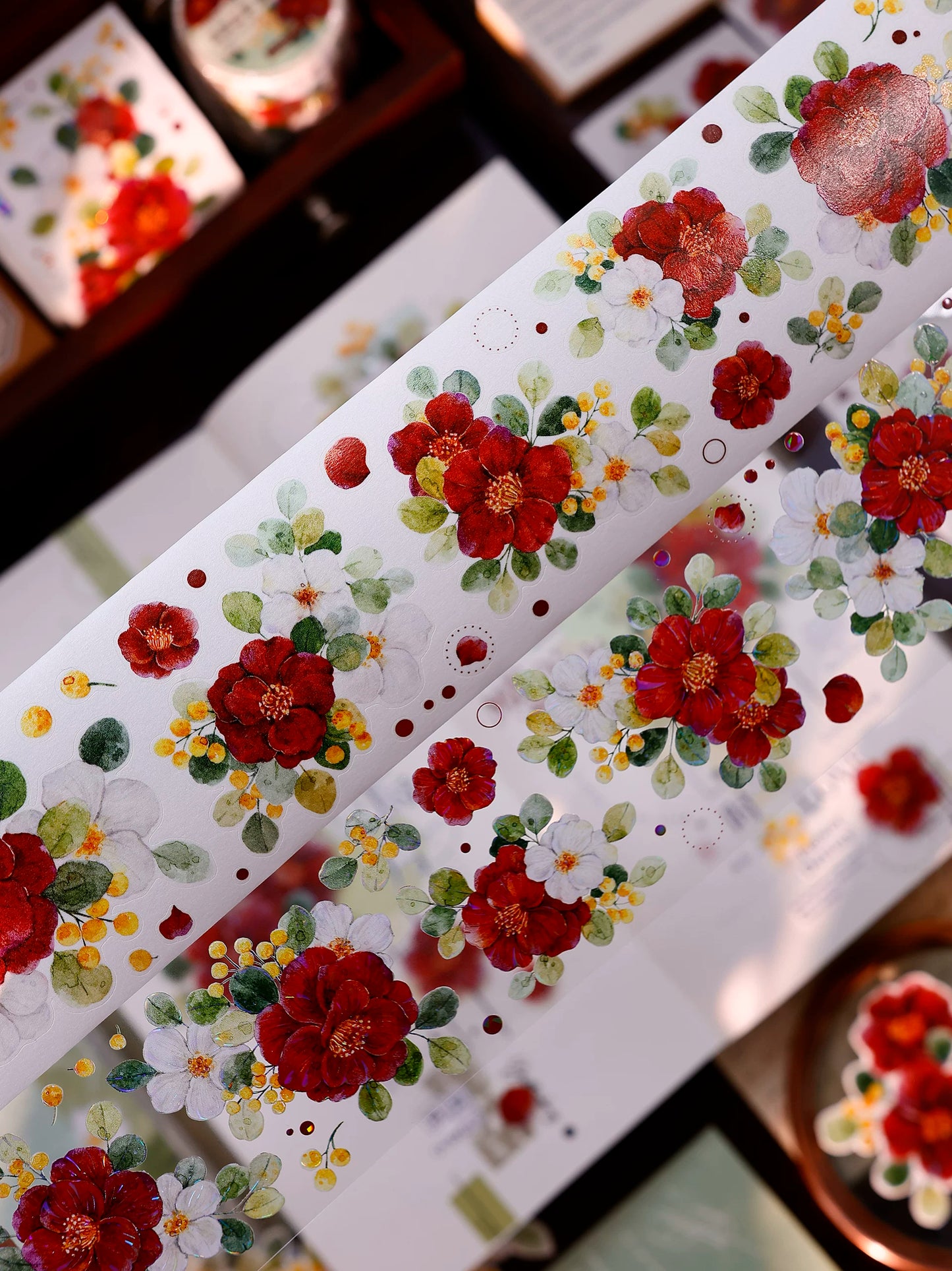 XiaoBaiJia Salt Series【Red Tea for Spring】Pre-cut Orginal Design Red and White Camellia Flowers Washi/Pet Tape Light Retro Stickers