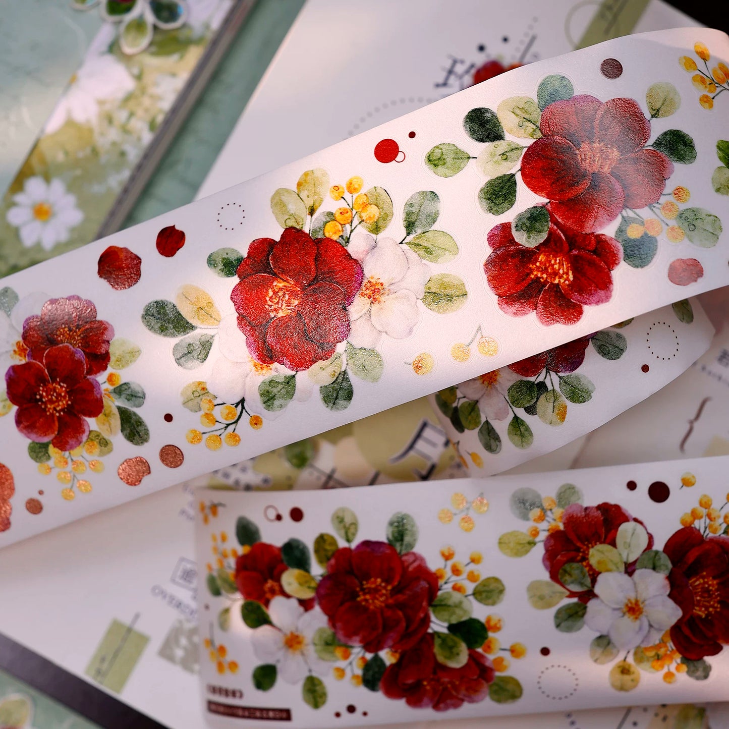XiaoBaiJia Salt Series【Red Tea for Spring】Pre-cut Orginal Design Red and White Camellia Flowers Washi/Pet Tape Light Retro Stickers