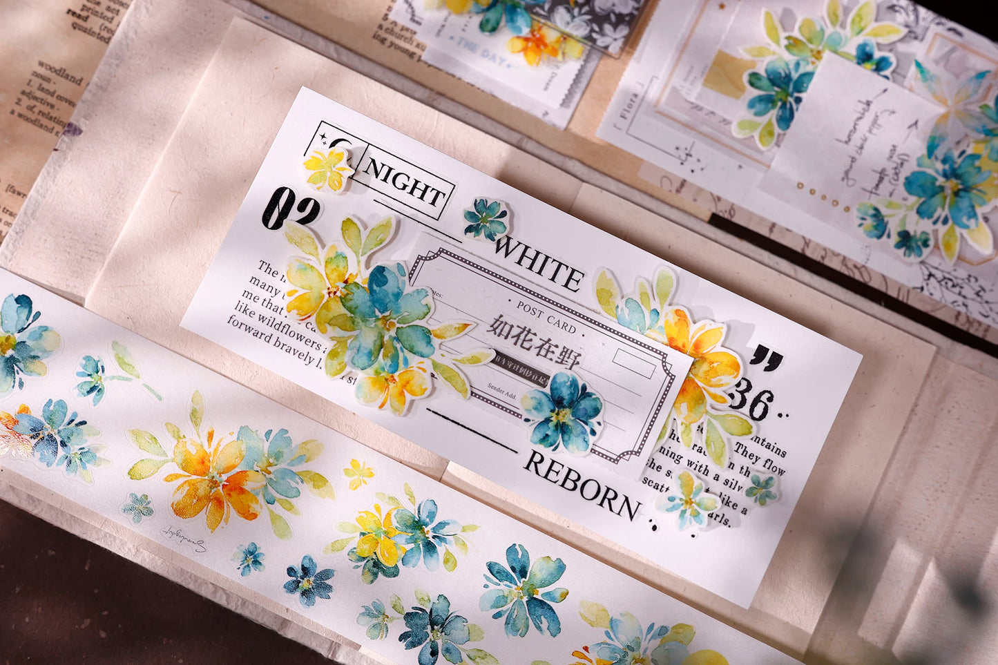 XiaoBaiJia【Picking Up Blue】Pre-cut Floral Orginal Design Washi Pet Tape Light Retro Stickers
