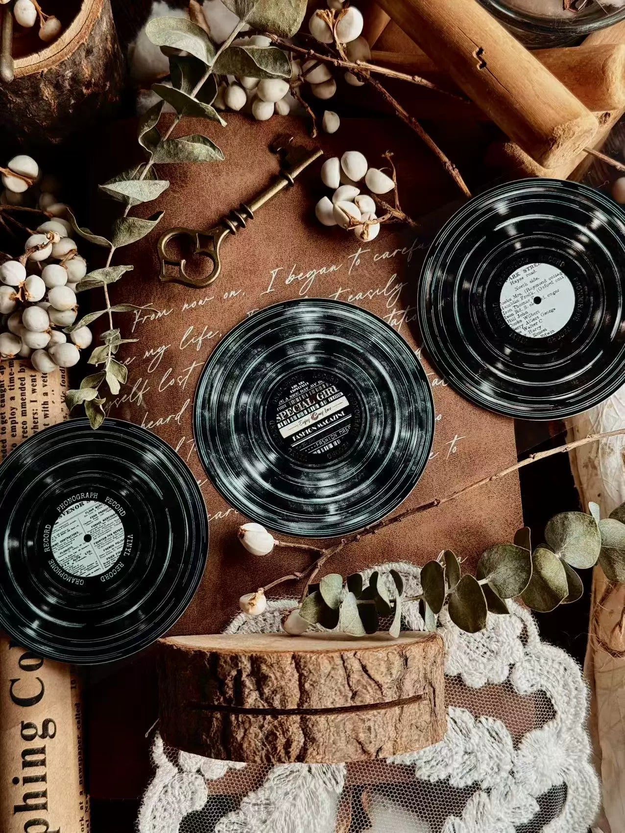 Linlanxi【Record 】 Original Retro Vintage Black Vinyl Record Background Washi/Pet Tape
