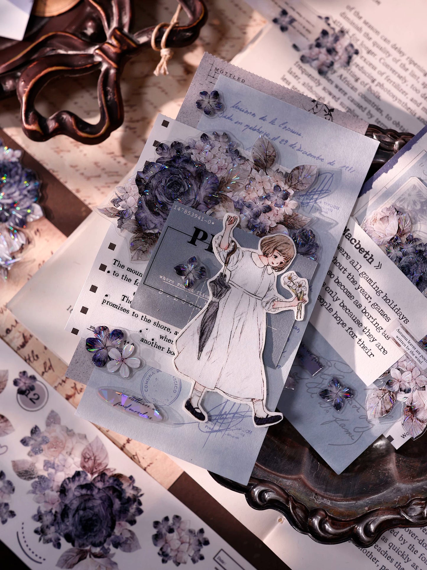 XiaoBaiJia【Cloud Ink Flower Cluster】Pre-cut Floral Orginal Design Washi Pet Tape Light Retro Stickers