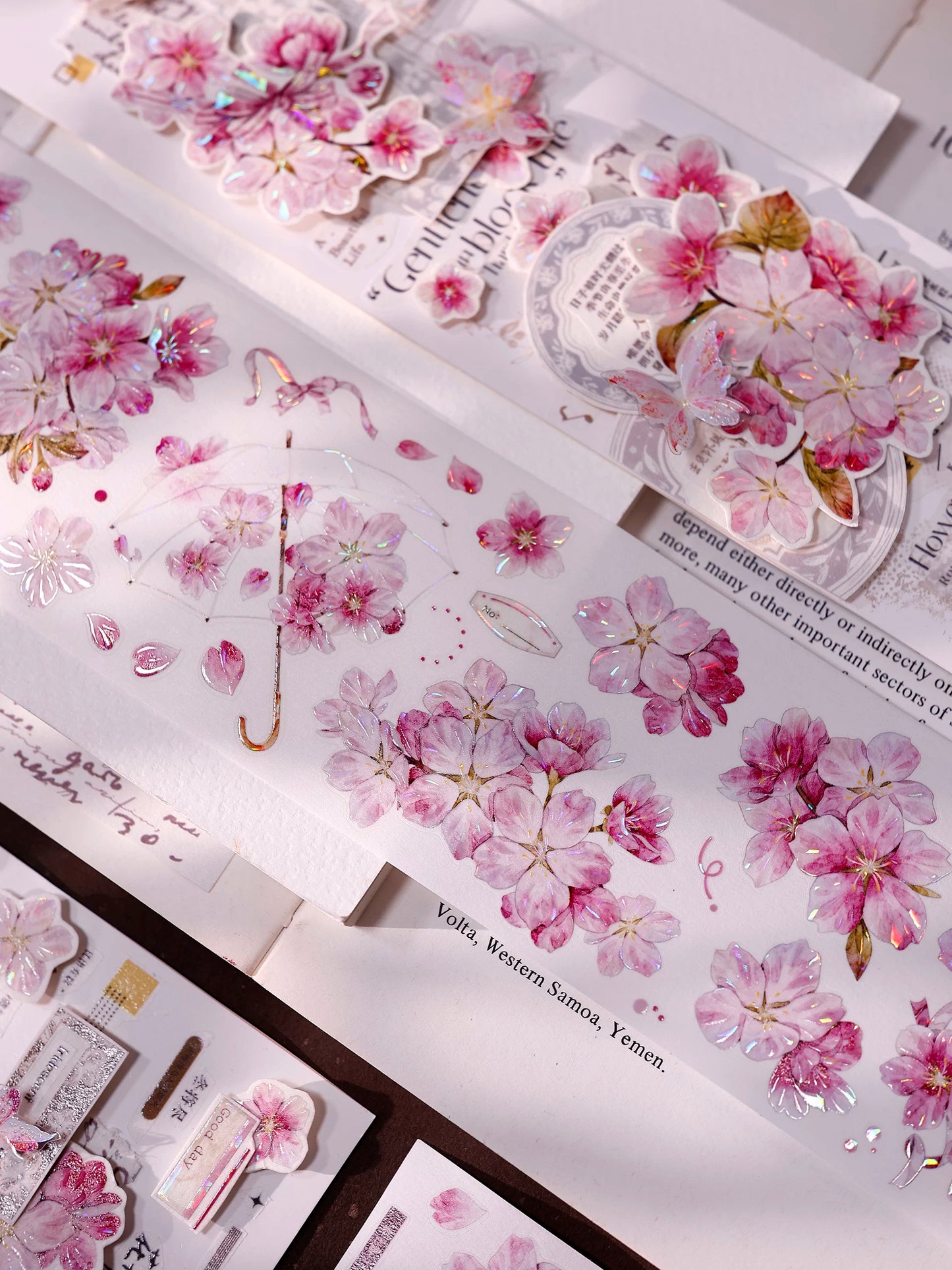 XiaoBaiJia【Pink Cherry Blossoms】Orginal Design Floral Washi Pet Tape Light Retro Landscaping Stickers