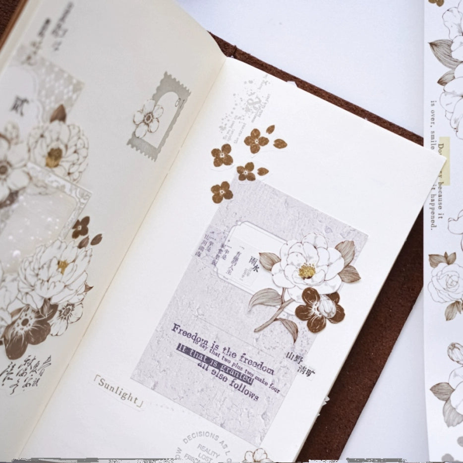 YuanZi Vol7【Misty White Camellia】Orginal Design Washi/Pet Tape Light Retro Flowers Stickers,for Scrapbook Supplies,Scrapbook Tape Stickers,Junk Journal Supplies