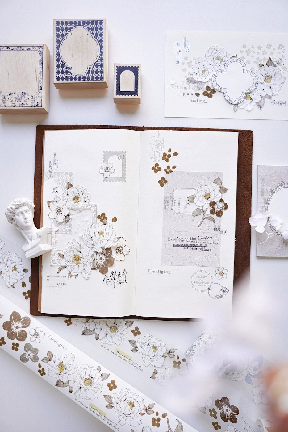 YuanZi Vol7【Misty White Camellia】Orginal Design Washi/Pet Tape Light Retro Flowers Stickers,for Scrapbook Supplies,Scrapbook Tape Stickers,Junk Journal Supplies