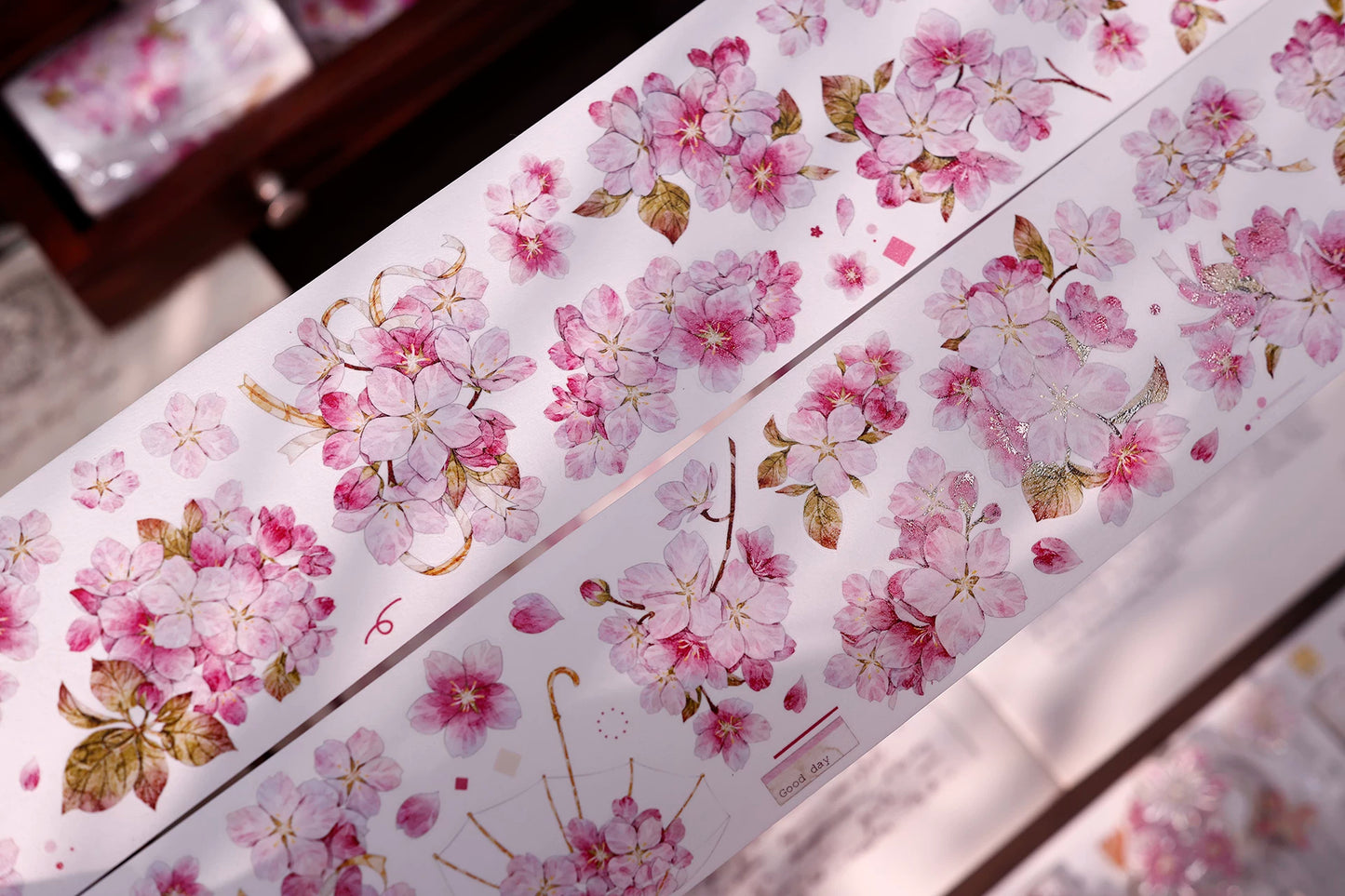 XiaoBaiJia【Pink Cherry Blossoms】Orginal Design Floral Washi Pet Tape Light Retro Landscaping Stickers
