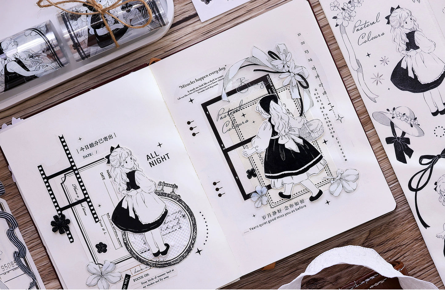 XiaoBaiJia【Small Countryside】Light Retro Black and White Characters Orginal Design Washi Pet Tape Stickers
