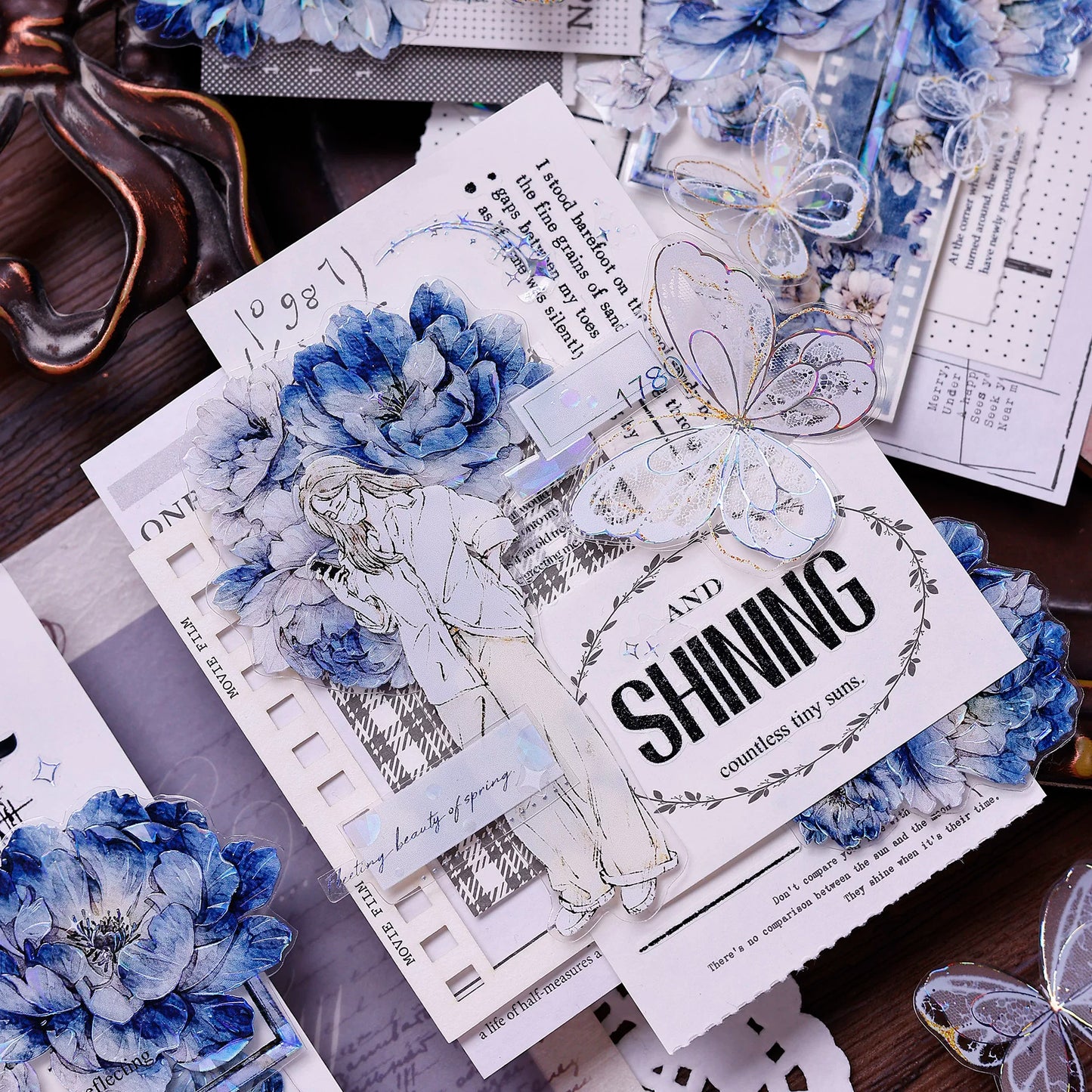 XiaoBaiJia Salt Series【Blue Mirror】Orginal Design Kiss-cut Washi/Pet Floral Tape Light Retro Landscaping Stickers