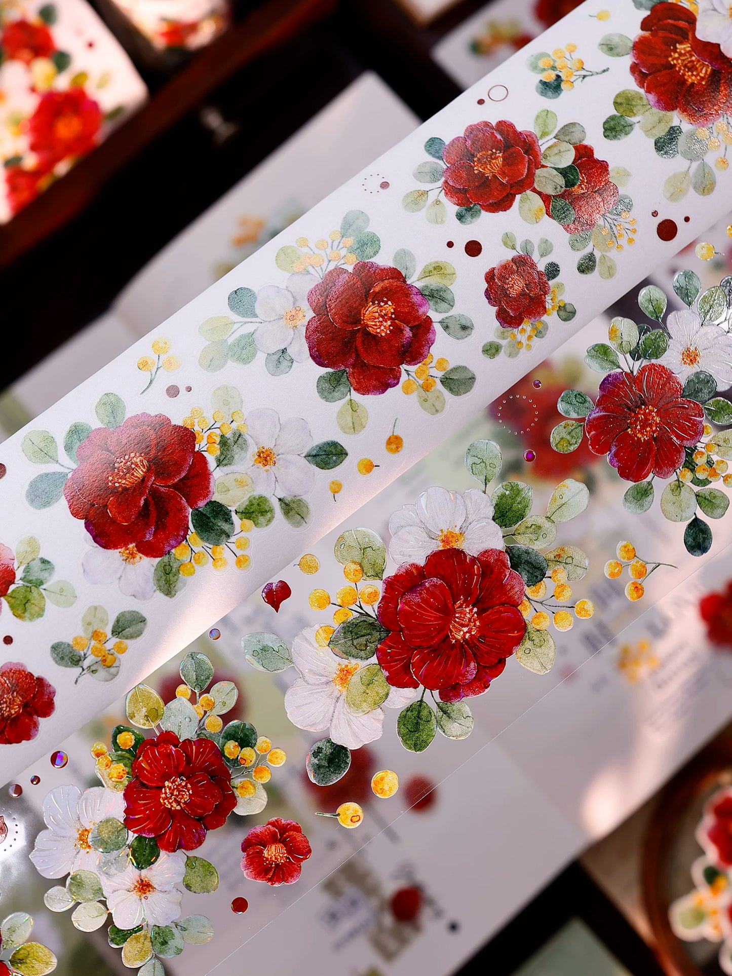 XiaoBaiJia Salt Series【Red Tea for Spring】Pre-cut Orginal Design Red and White Camellia Flowers Washi/Pet Tape Light Retro Stickers