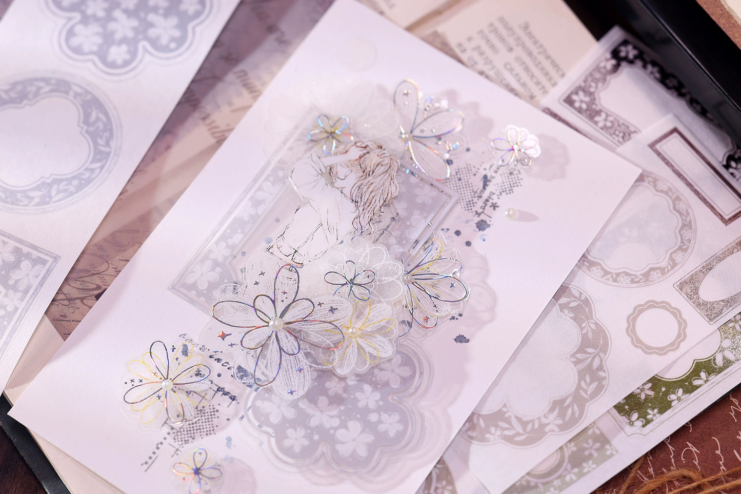 XiaoBaiJia【Flower Frame】Light Retro Orginal Design Washi Pet Tape Landscape Stickers