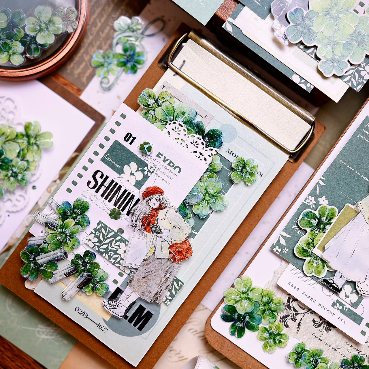 XiaoBaiJia【four-leaf clover】Orginal Design Kiss-cut Washi/Pet Floral Tape Light Retro Landscaping Stickers