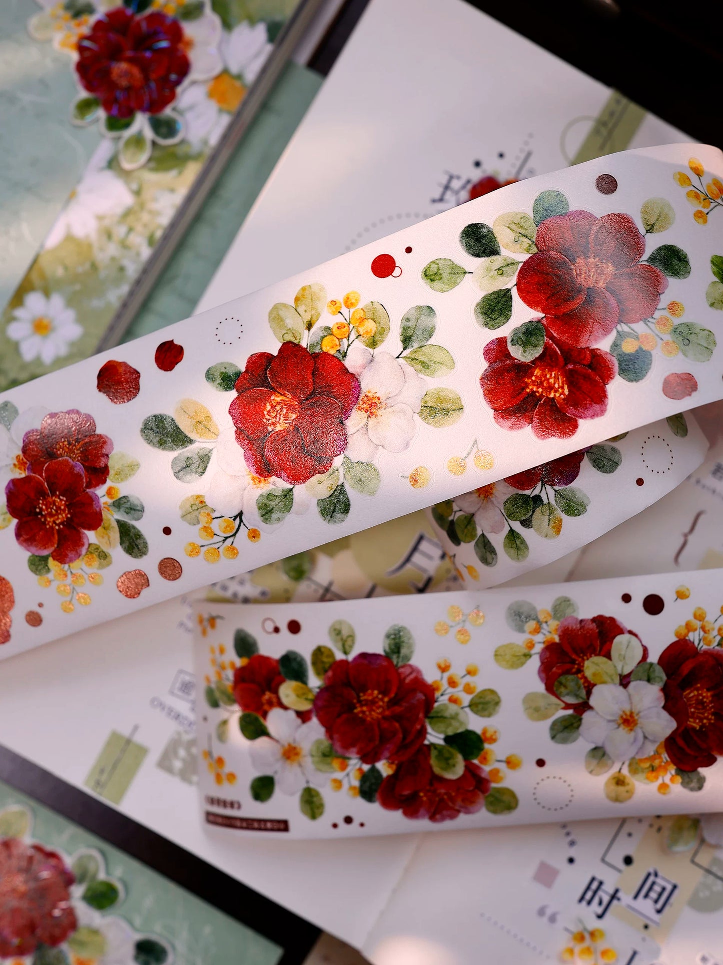 XiaoBaiJia Salt Series【Red Tea for Spring】Pre-cut Orginal Design Red and White Camellia Flowers Washi/Pet Tape Light Retro Stickers