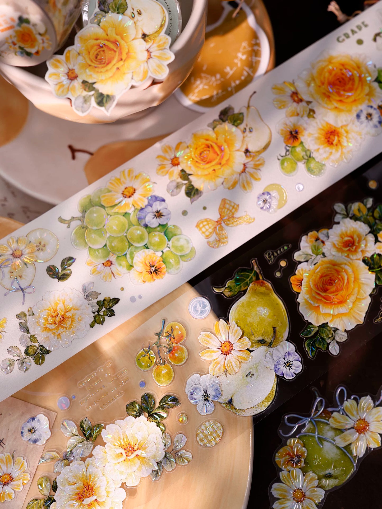 XiaoBaiJia【Green Grape Vine】Pre-cut Floral Orginal Design Washi Pet Tape Light Retro Stickers