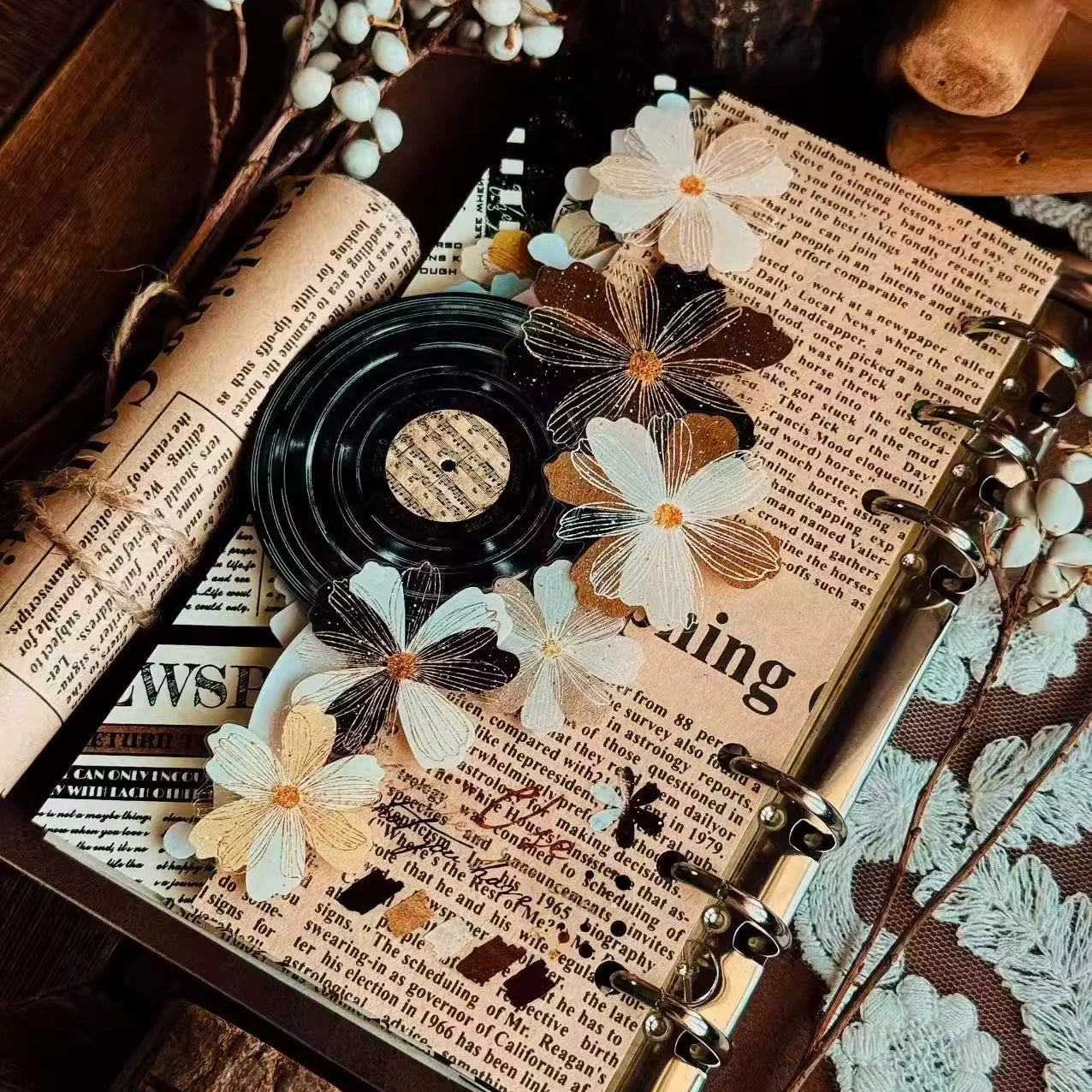 Linlanxi【Record 】 Original Retro Vintage Black Vinyl Record Background Washi/Pet Tape