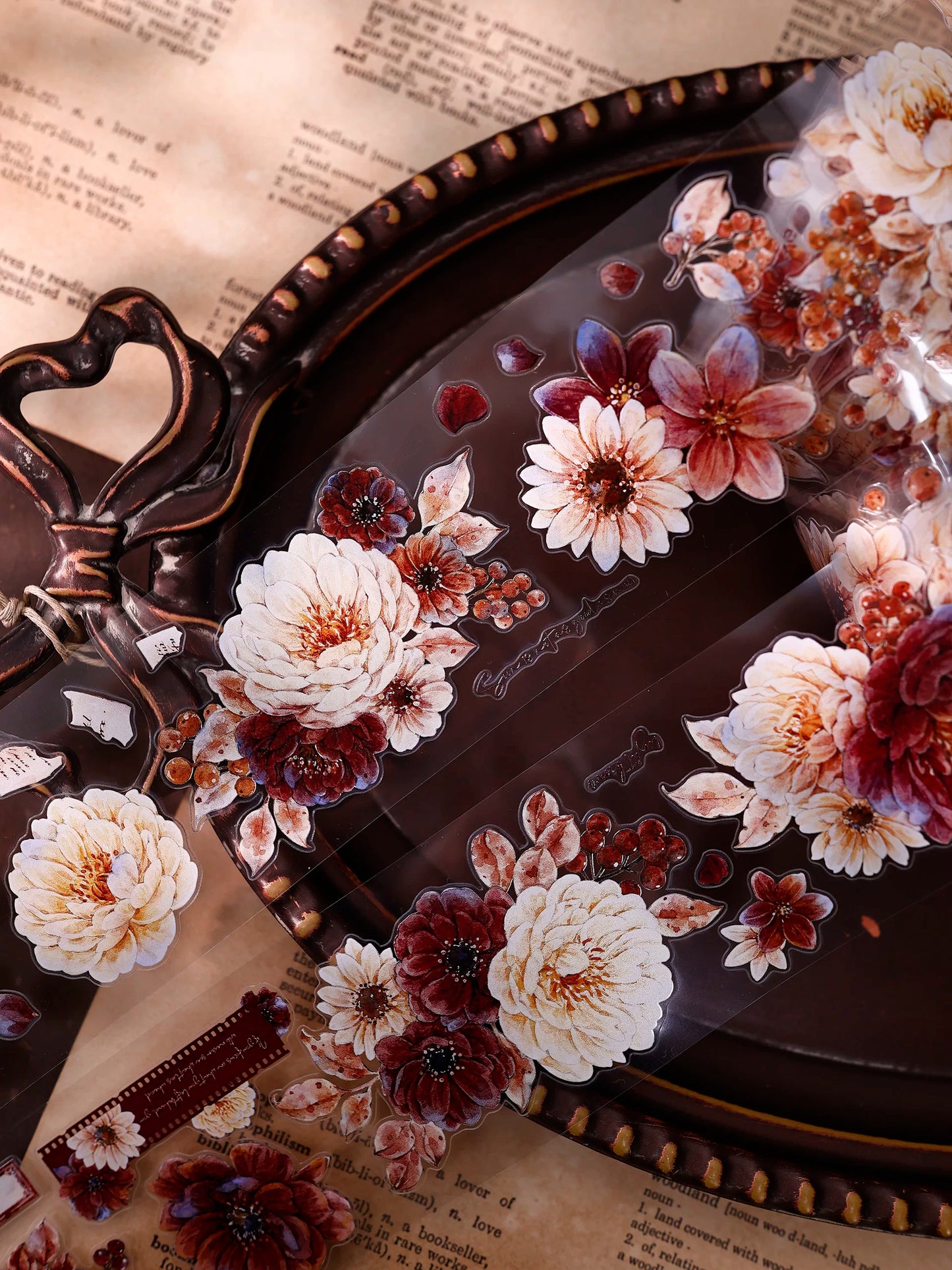 XiaoBaiJia【Peony Shadow Flower Description】Pre-cut Floral Orginal Design Washi Pet Tape Light Retro Stickers