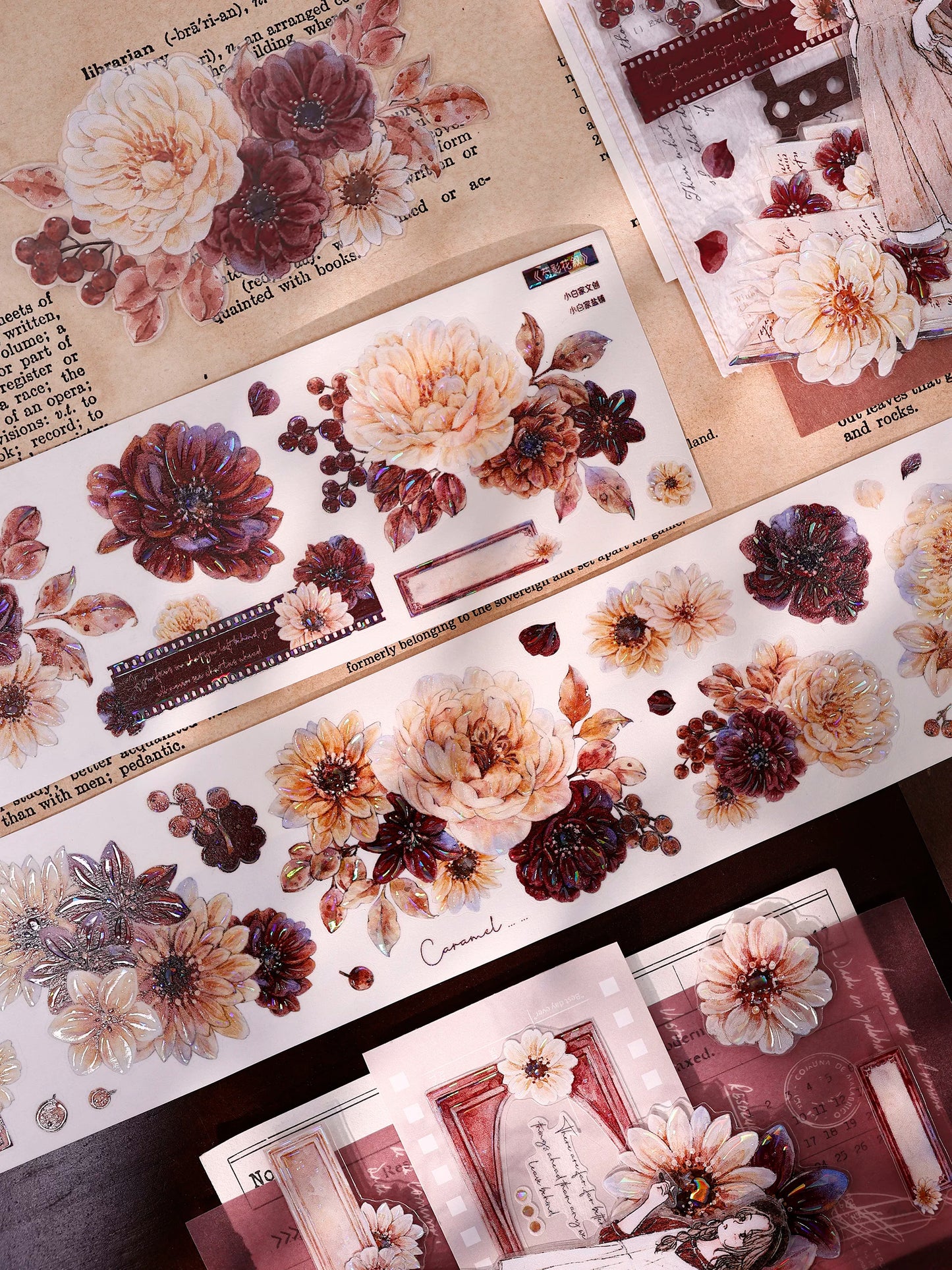XiaoBaiJia【Peony Shadow Flower Description】Pre-cut Floral Orginal Design Washi Pet Tape Light Retro Stickers