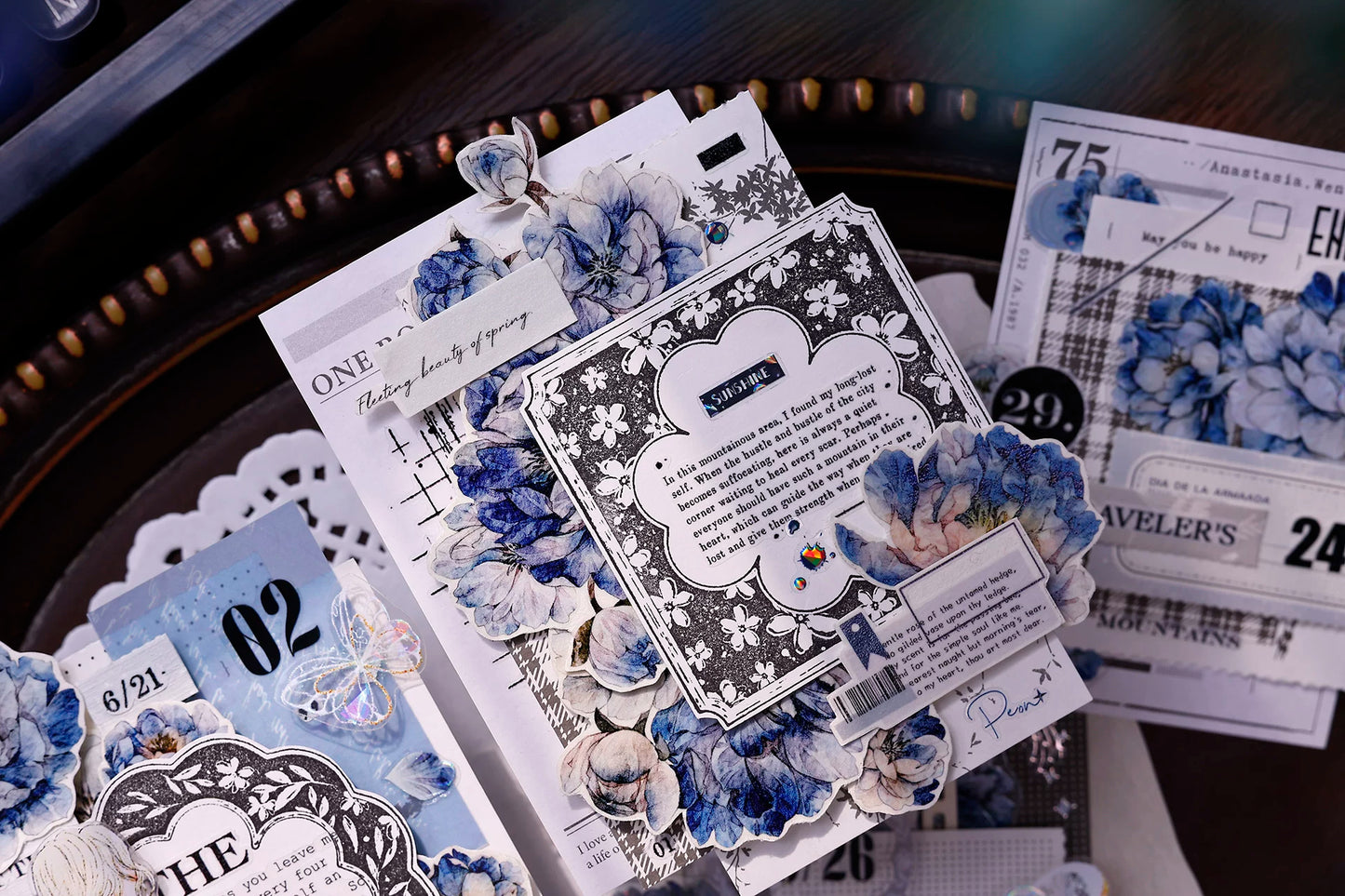 XiaoBaiJia Salt Series【Blue Mirror】Orginal Design Kiss-cut Washi/Pet Floral Tape Light Retro Landscaping Stickers